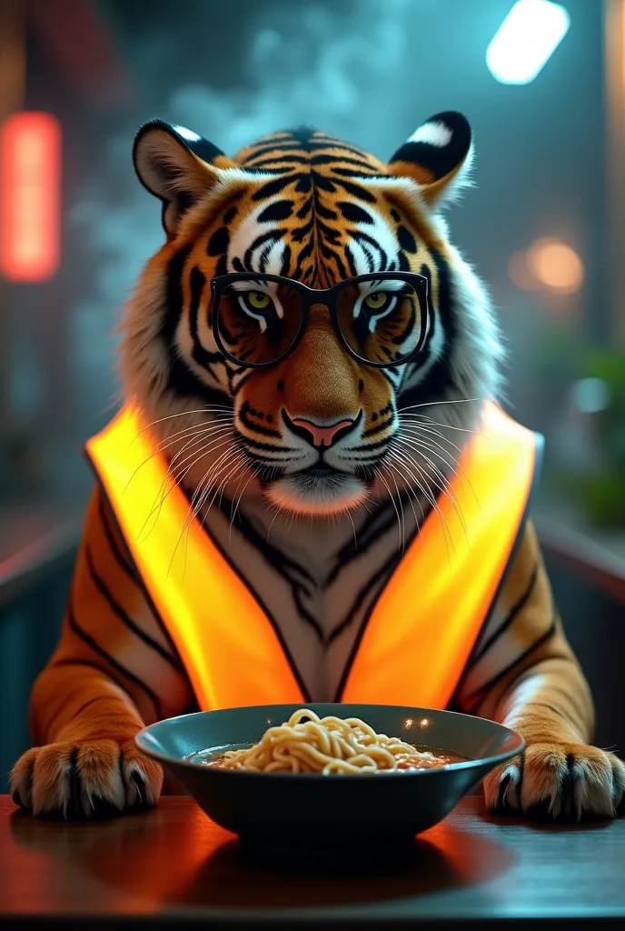 A tiger with dark glasses and a reflection vest eating ramen