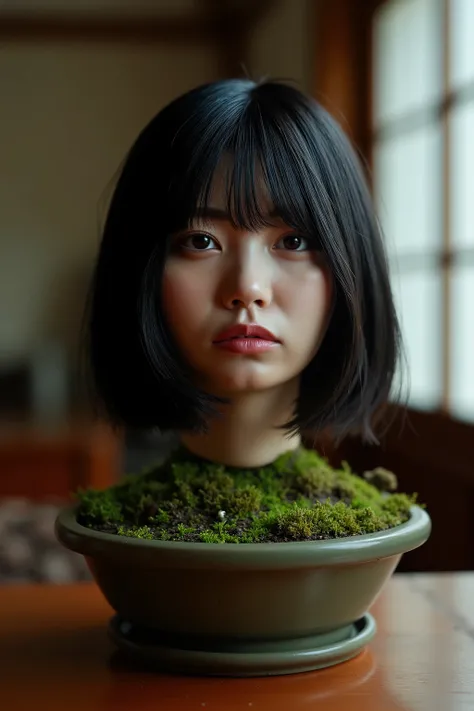 High resolution photo of the head and neck of a young Japanese woman buried in the center of the slightly mossy soil in a bonsai pot placed on a table in a traditional Japanese home. The size of the bonsai pot suits just right for her head. No part of her ...