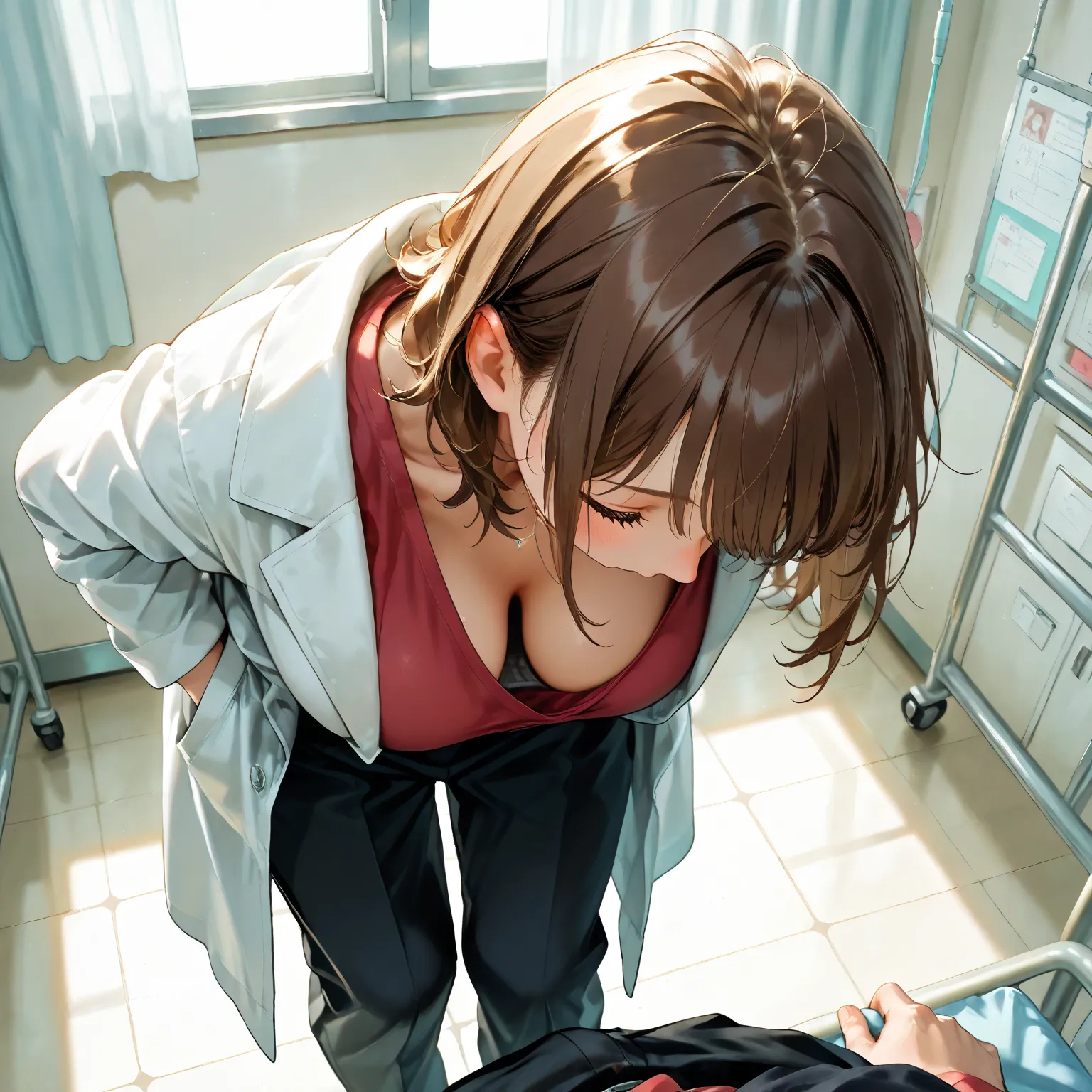 masterpiece,best quality,(1 woman+1 boy)(1 woman,30 years old, Pudgy Body,black pants, red t-Shirt,white coat),dark brown hair, short wave hair,(High school infirmary),bowing,from above,downblouse,(solo),