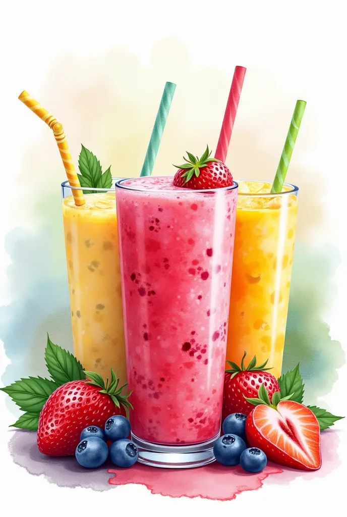 high quality，8K Ultra HD，watercolor style illustration， Mango Smoothie， Matcha Smoothie， chocolate smoothie， Oreo smoothie