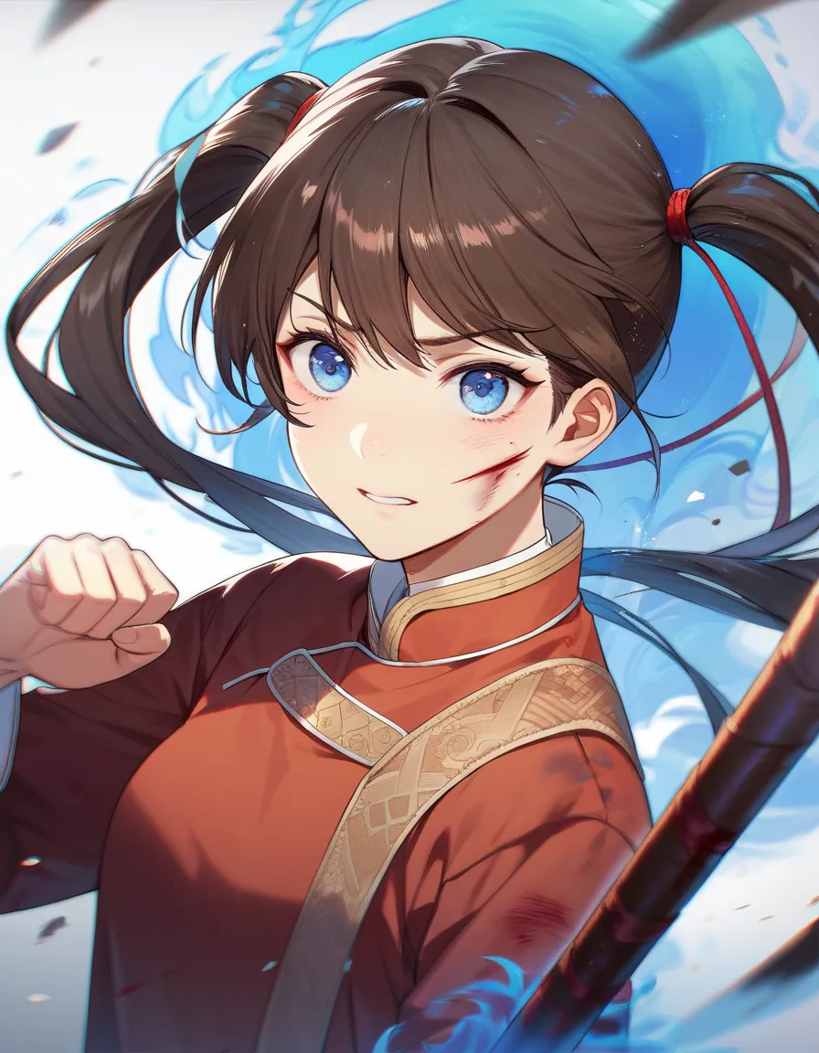 1girl, cute, pretty, brown hair, long hair, bangs, twintail, blue eyes, chinese war outfit, blood in her body, injured, wound, fighting with spear and blue aura, manhwa