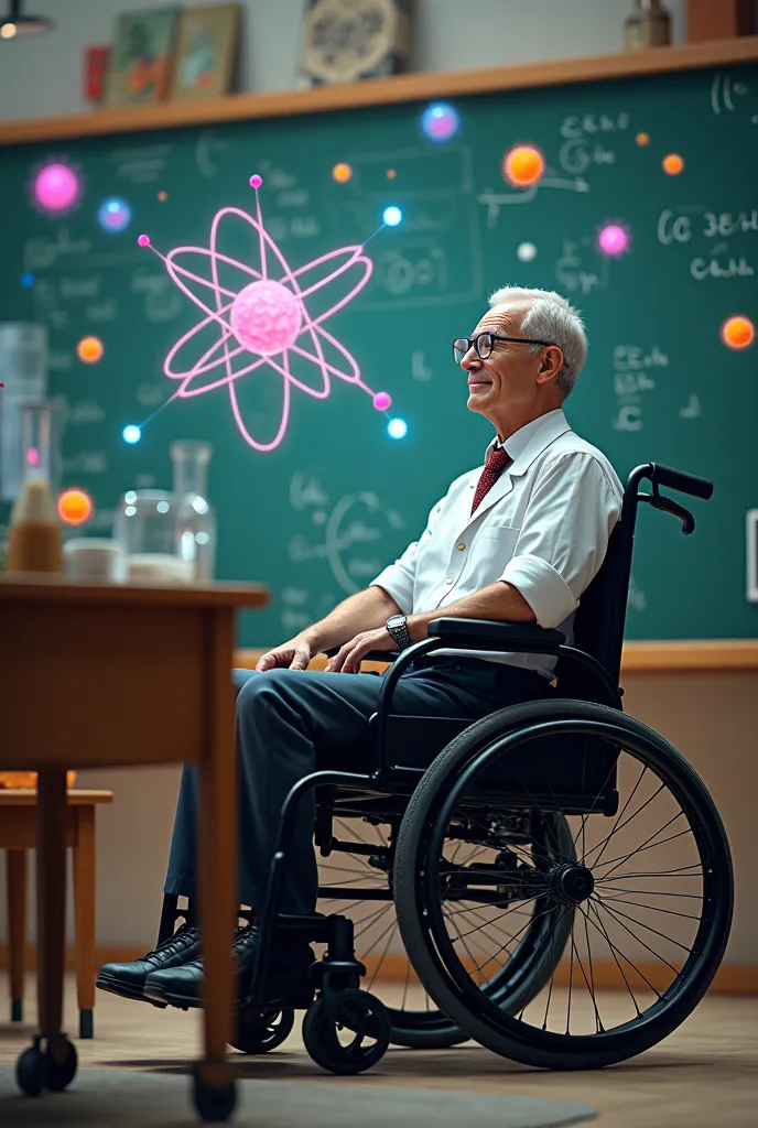 A picture of a chemistry teacher sitting in a wheelchair and next to him is a board with some chemical equations and live atoms and bonds next to him 