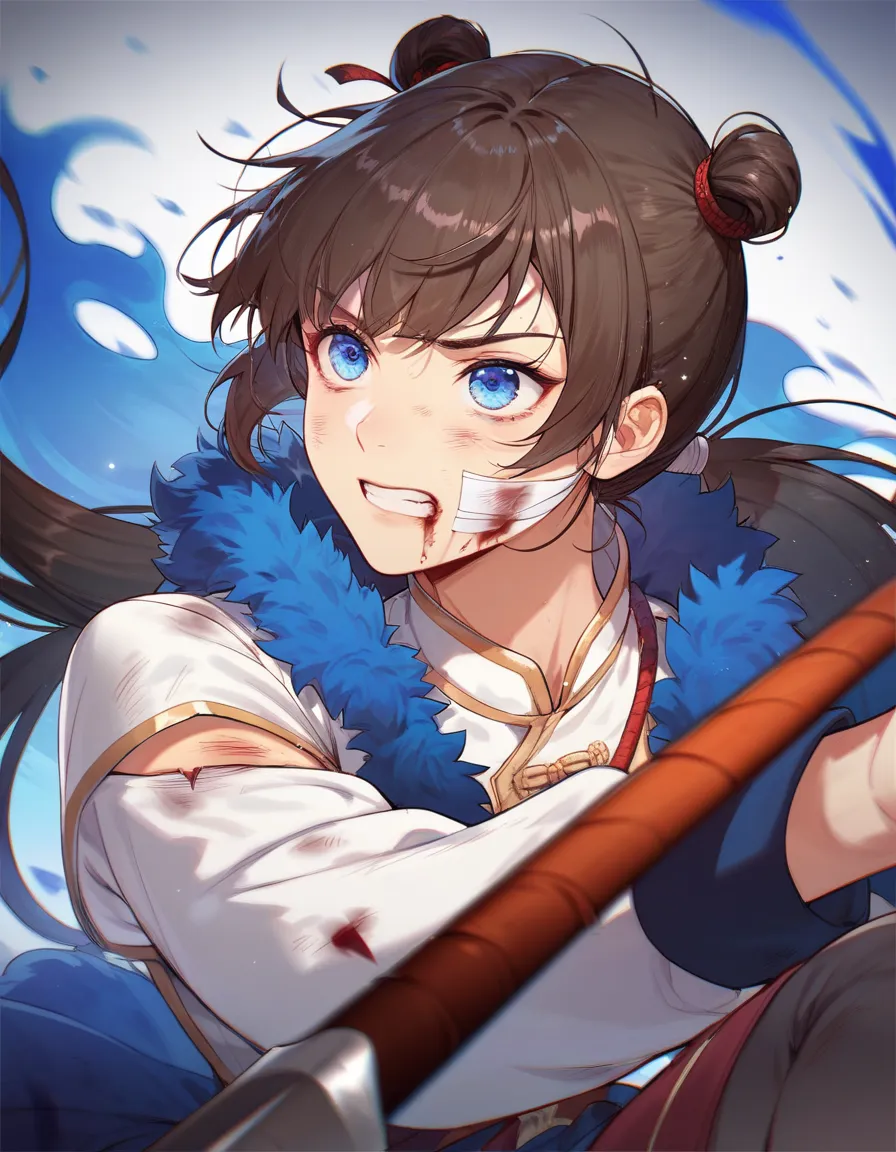 1girl, cute, pretty, brown hair, long hair, bangs, twintail, blue eyes, chinese war outfit, blood in her body, injured, wound, fighting with spear and blue aura, manhwa