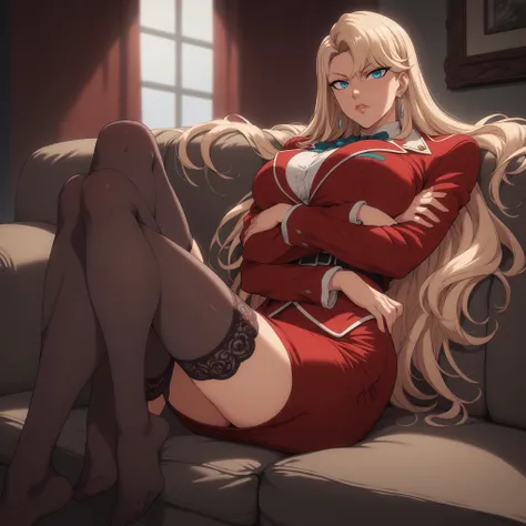 alone,
Reika Kurashiki,1 female,blond hair,long hair, blue eyes, earrings,
Large breast,
skirt_ suit,red jacket  ,
red skirt, pencil_skirt,
Black_ stockings,
Sitting on couch
High-pressure
Crossing legs, crossing arms under breast
