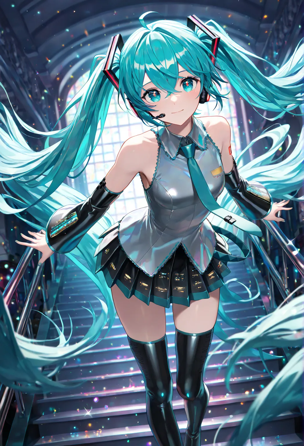 ((detailed eyes)),((correct_anatomy)), soro, miku hatsune, ahoge, aqua eyes, aqua hair, crossed bangs, hair between eyes, hair ornament, headphones, long hair, twintails, aqua necktie, black footwear, black skirt, black sleeves, boots, collared shirt, deta...