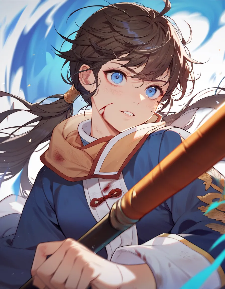 1girl, cute, pretty, brown hair, long hair, bangs, twintail, blue eyes, chinese war outfit, blood in her body, injured, wound, fighting with spear and blue aura, manhwa