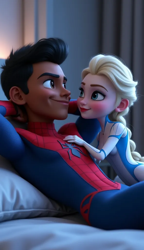 Disney Pixar 3D style. Medium close-up of Miles Morales lying on a modern bed in a dimly lit room. His muscular, robotic body is dressed in his red and blue Spider-Man costume. His black hair is styled into a pompadour, and his face appears calm and relaxe...