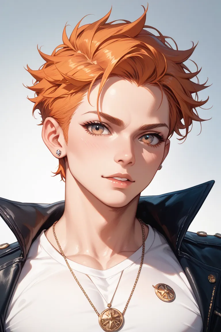 The background is a handsome long-haired beauty with white and orange hair、Make it so that you can see the entire upper body as if you were looking directly at it。