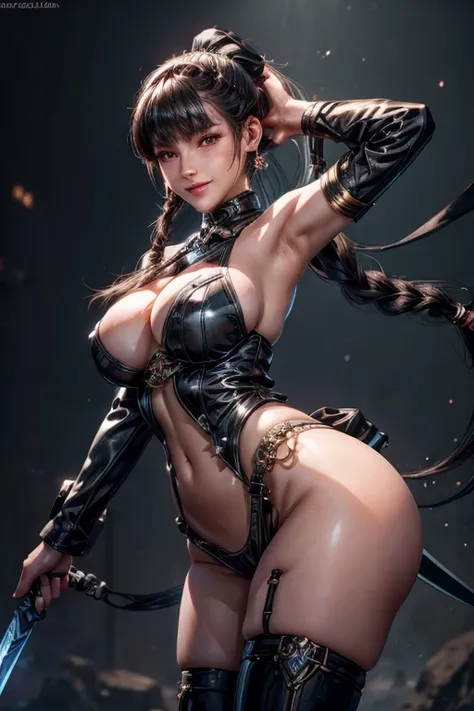 Eve, Stellar Blade, big breast, thicc thighs, 1girl,solo,heavy makeup,cute,earrings,ring braid,(lewd smile:1.1),holding long mechanical Sword,ponytail,idol,hooker,military uniform,(battleground:1.1),