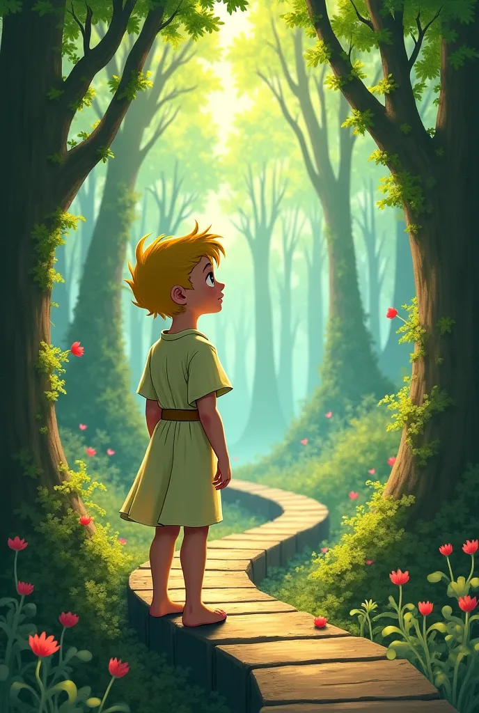 Draw me a little prince walking on a forest ramp 