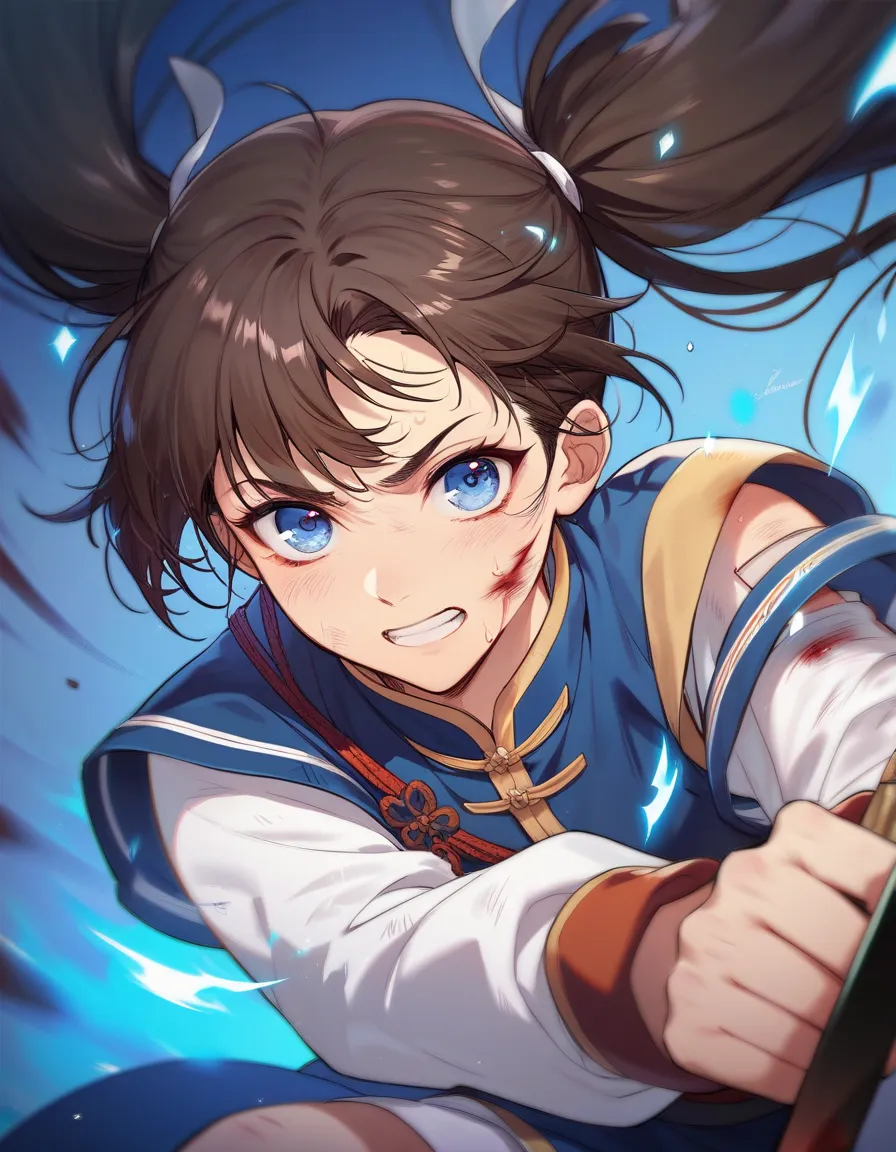 1girl, cute, pretty, brown hair, long hair, bangs, twintail, blue eyes, chinese war outfit, blood in her body, injured, wound, fighting with dagger and blue aura, manhwa