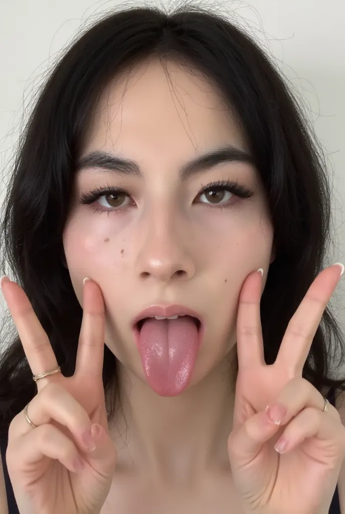 RAW photo, best quality, masterpiece, ((photorealistic)), 20 years old, black hair, Light grey eyes, Eyes are focused, Symmetrical eyes, Sticking out tongue, Focus on the mouth, Open your mouth, Long Tongue, You can see inside the mouth, Open your mouth, R...