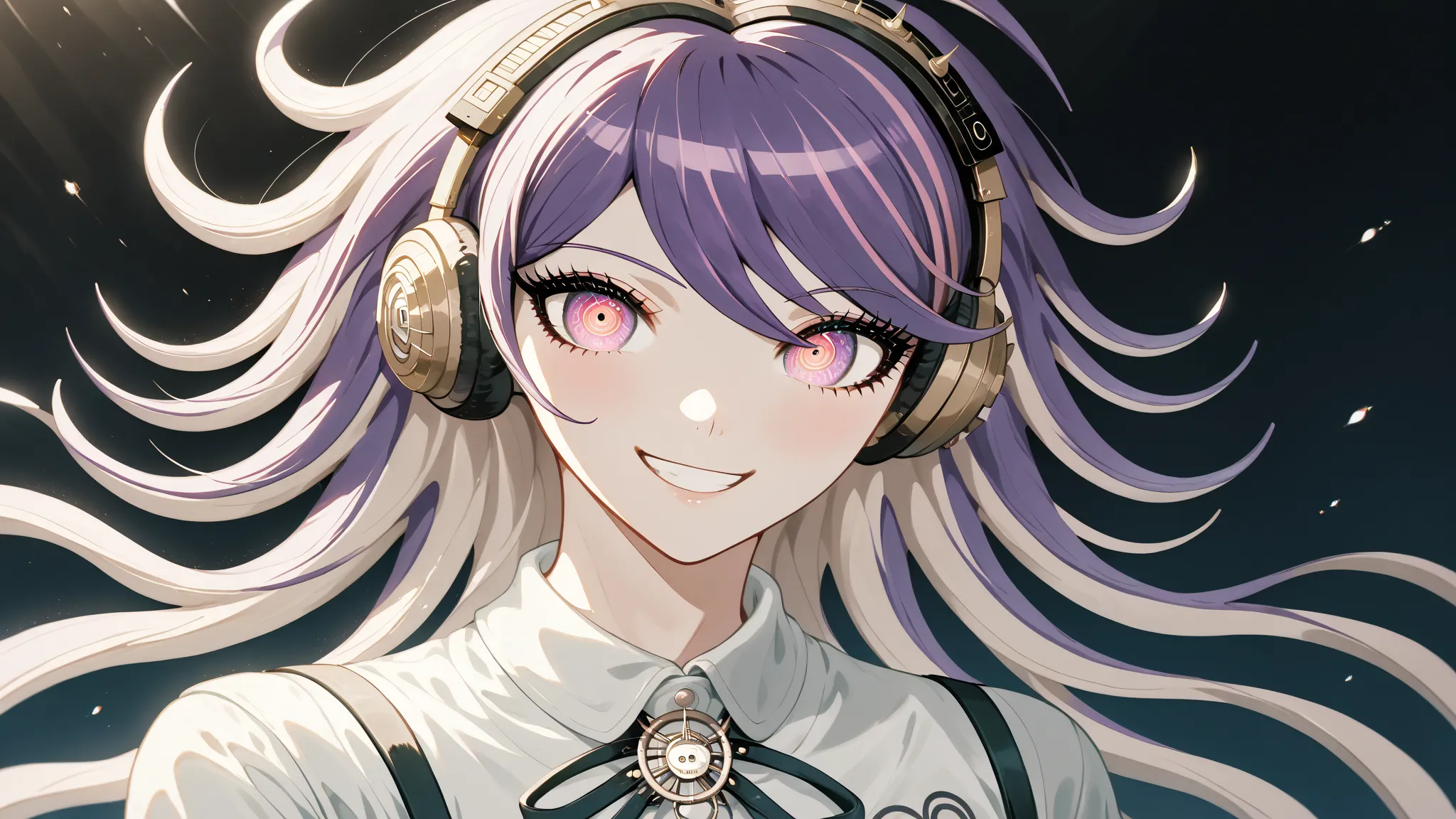 1 girl, masterpiece, high resolution, top quality, Textured skin, sprawled, about 20 years old, Boyish, Purple Hair, Smiling, Headphones, Anime Style Illustration, ((Danganronpa Style)), rock-musicians style, High Contrast, Colorful Eyes, Seductive, Lumino...