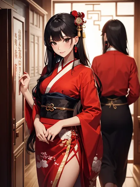 beautiful young man, long black hair, black eyes, geisha, red clothes, slender-waisted, delicate figure, hairpins, light makeup, man dressed as woman, earrings, chinese style room.