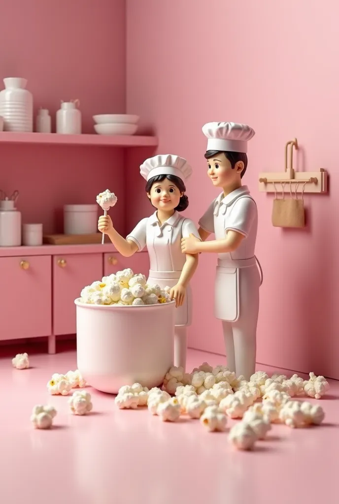 Let me create mini people ( at least 20 mini people ) cooks in a pink kitchen ( workers wearing uniforms the color of my image ) working, with stairs, paint cans around my product in image ( image of a straight pack of white milk popcorn and next to it a s...