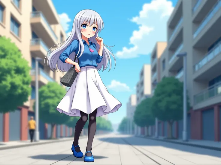 Muslin adult lady with somewhat long silver hair and blue eyes ( Clothes:  blue shirt, falda blanca, black tights and blue shoes). He's out on the street looking at people with disgust. In the style of the anime Shojo-Josei.