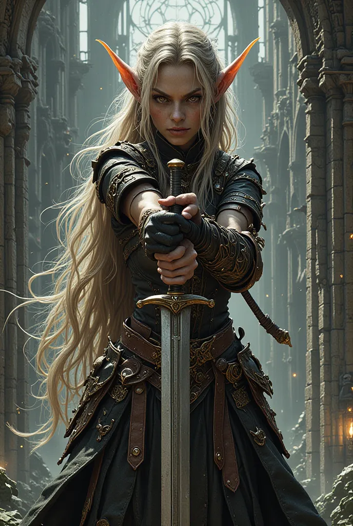 over the shoulder view of A female warrior elf holding a huge sword with both hands, long flowing hair, wears leather and silk armor with dress, pointing a large sword at the camera, dynamic motion, background of a castle