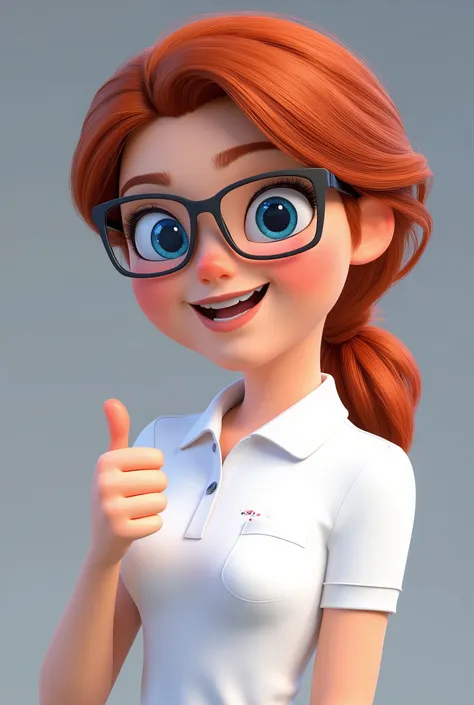 A woman of approximately 18 years old, with white skin and red hair, blue eyes, wearing prescription glasses dressed in a white polo collar with a pocket without details on the chest, making a thumbs up, Pixar style, 8k image