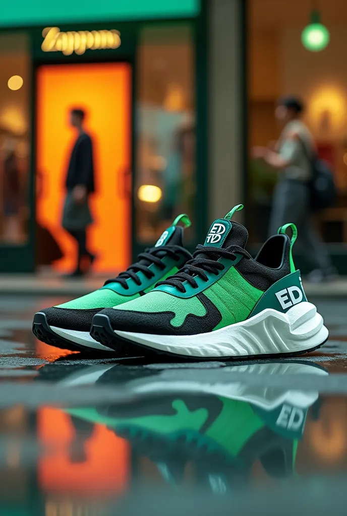 Make running shoes with the background in the colors of the Zappons store, And the sneakers will be one part dark black and the other green with the initials Ed printed on it 