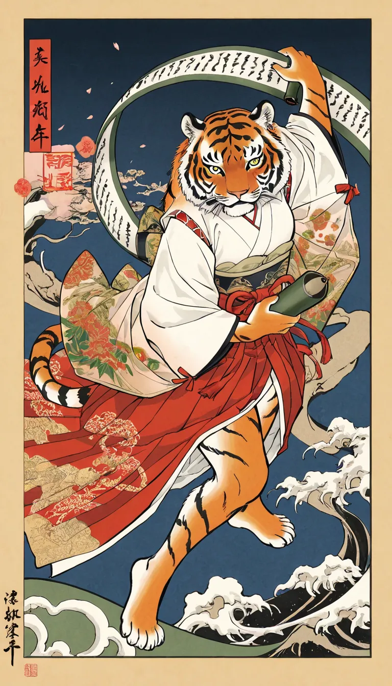 ukiyo-e, ultra complex high detail, beautiful japanese traditional culture, 1 tiger is taking life and coming out from a print on a scroll, the scroll is hanging in a tokonoma