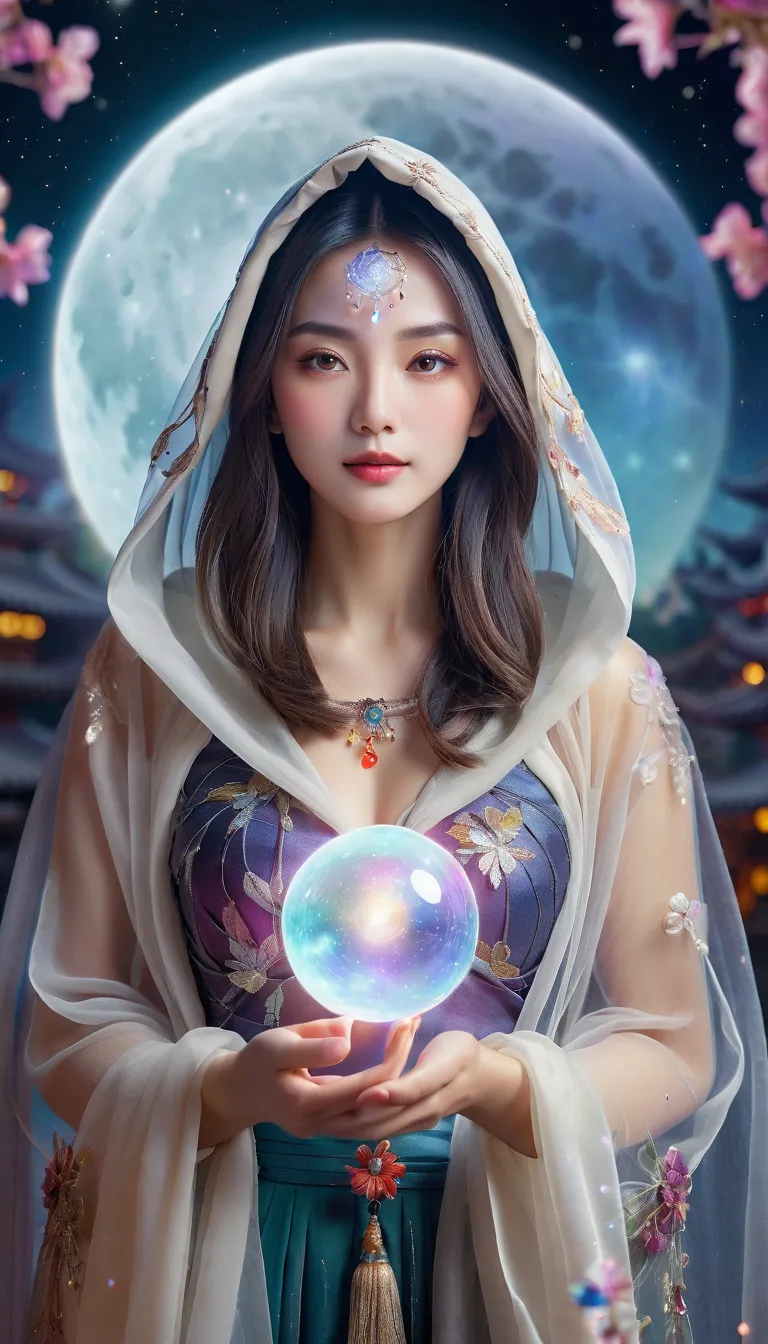 Mysterious and enchanting fortune teller、 age Japanese woman with paint on her belly 。I'm wearing an exquisitely designed organza hooded cloak。I have sparkling crystal balls emitting graceful colorful lights on both hands。The background is a sparkling spac...