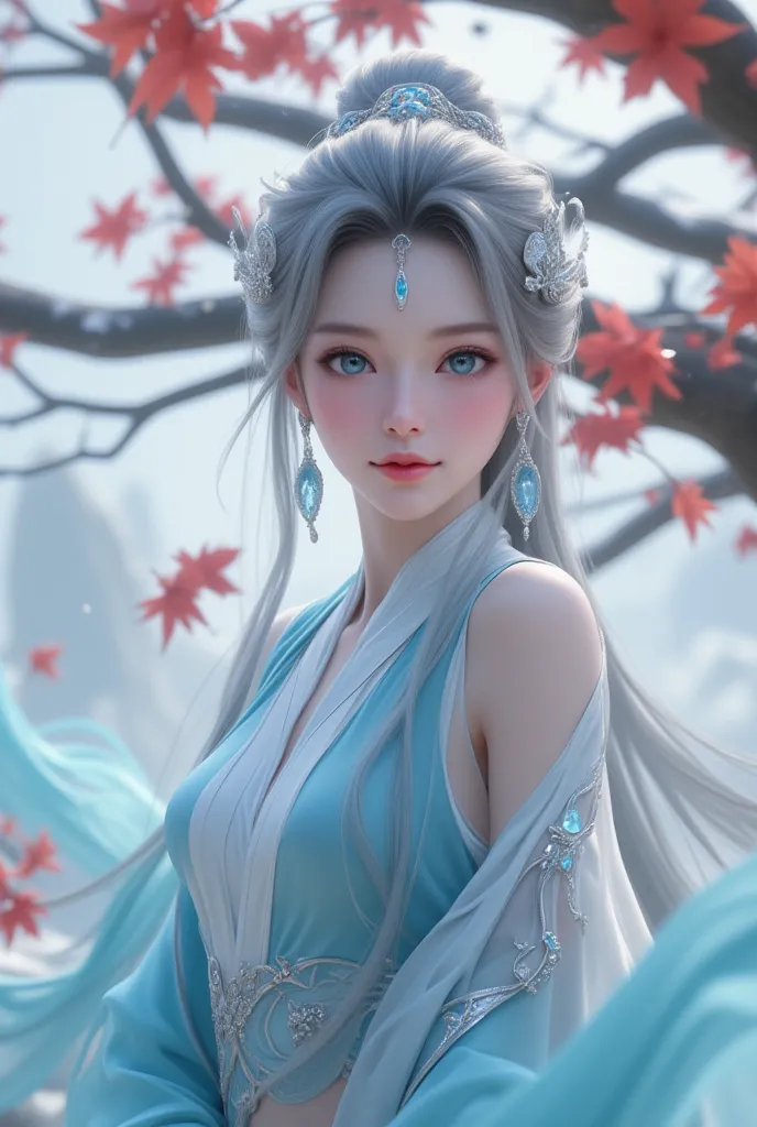 Chinese Fairy Tales character, upper-body, gentle smile, mature woman, cool beauty, living expressions, cold gaze, platinum hair, shiny silky, long hair, earrings, Petals hair ornament, forehead ornament, captivating eyes, aqua eyes, hourglass figure, irid...