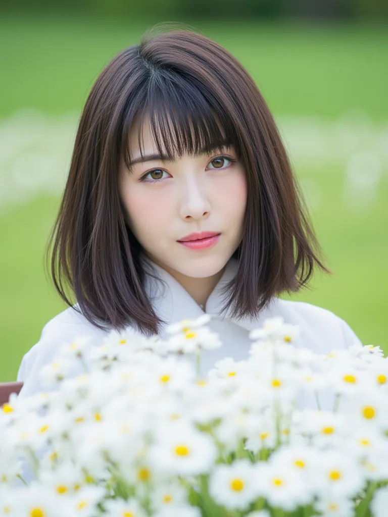 The image is、is a portrait of a young woman named Hamabe with half-long dark brown hair and bangs。. she was wearing a white coat.  The woman is staring at the camera , is sitting on a park bench. In front of her, There are lots of white daisies .  has a bl...