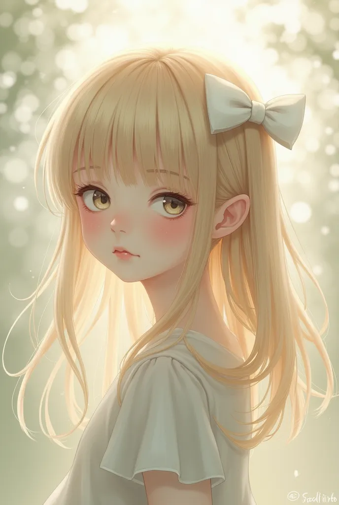 A blonde girl with her hair down and bangs swept across both sides, with her hair falling under, wearing a white ribbon bow on the left side of her head, turned a very slightly turned towards side