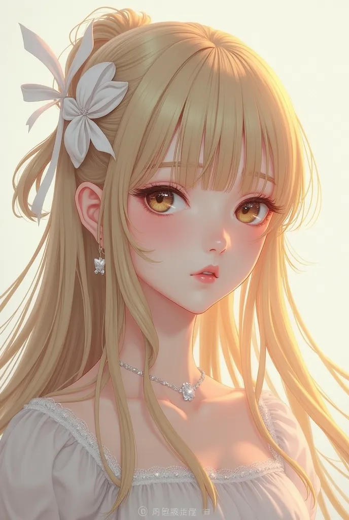 A blonde  with her hair down and bangs swept across both sides, with her hair falling under, wearing a white ribbon bow on the left side of her head, turned a very slightly turned towards side