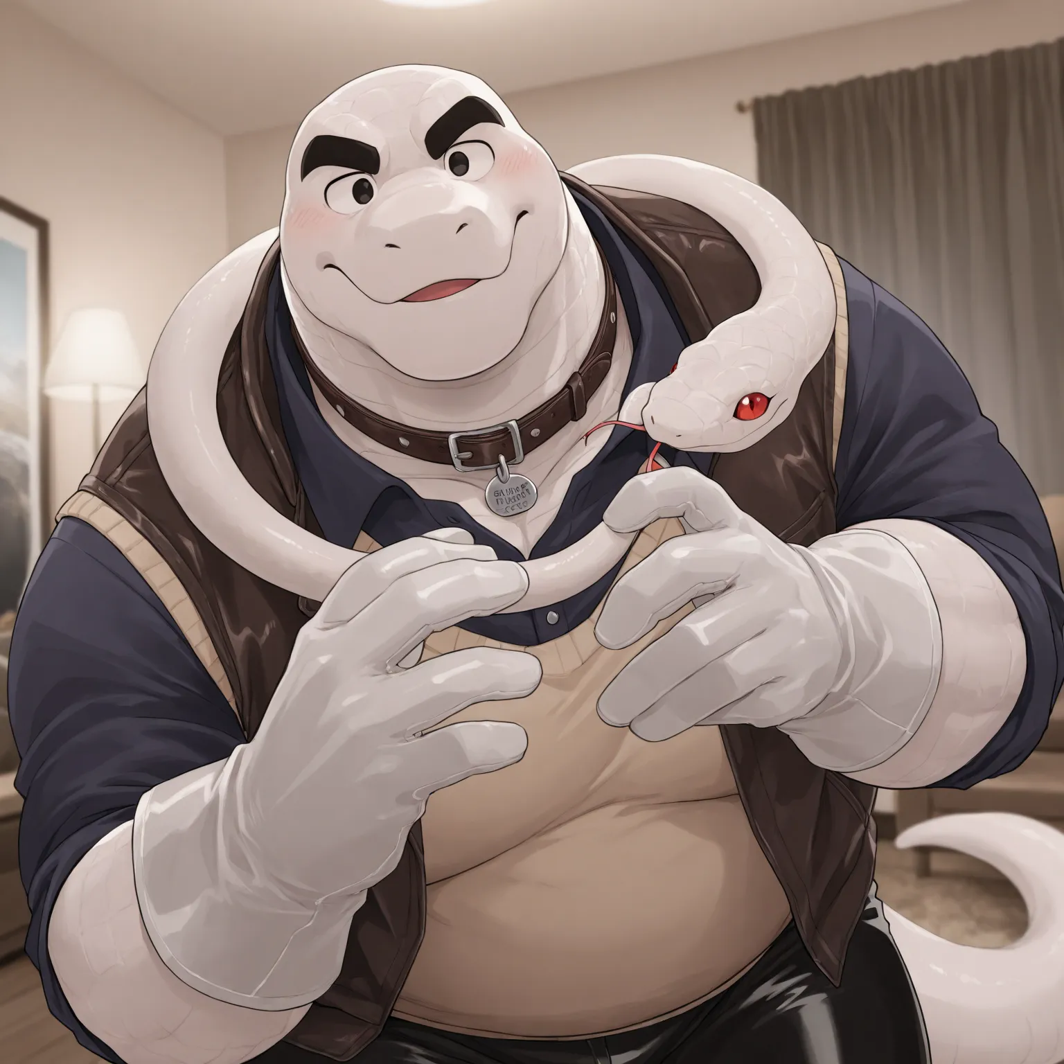 High Quality, Male, Snake, Anthro(Snake),Chubby,(Black eyebrows:1.1),(Perfect eyes),Smooth Skin，（artist:Takemoto Arashi），Living Room background，claw，（Sweater-vest:1.3）。Wearing a Leather collar around his neck. Wearing fancy white gloves on his hands, fancy...