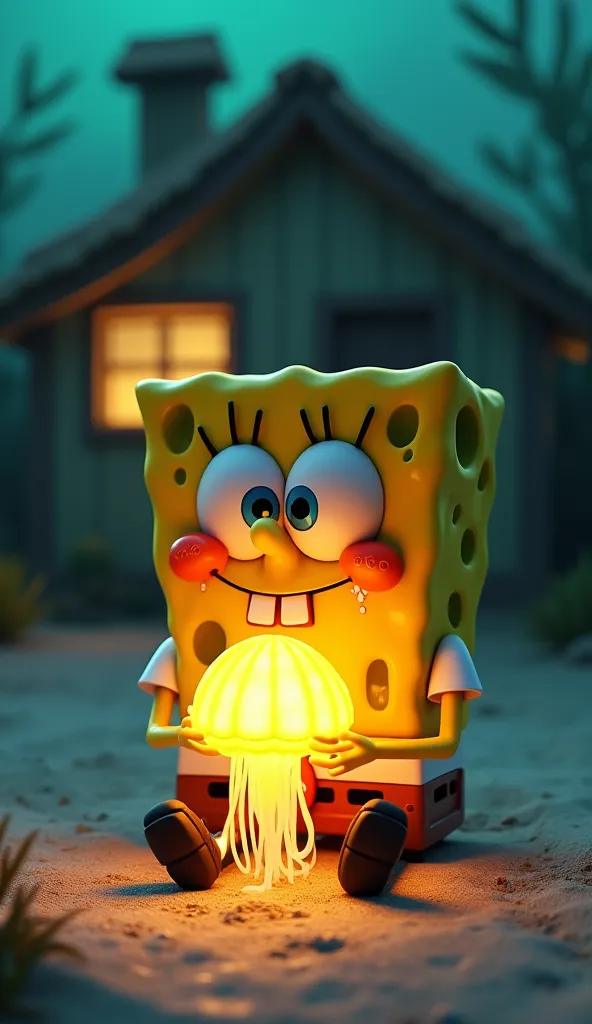 ((Foto RAW), absurdo, (resolução absurda)), obra-prima, melhor qualidade, (Papel de parede CG de unidade 8k extremamente detalhadA highly detailed 3d-style cartoon scene of SpongeBob SquarePants sitting on the sidewalk in front of his pineapple house, his ...