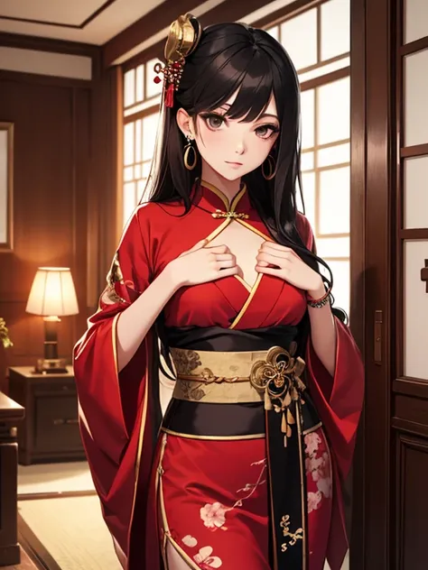 beautiful young man, long black hair, black eyes, geisha, red clothes, slender-waisted, delicate figure, hairpins, light makeup, man dressed as woman, earrings, chinese style room, flat chest, jade bracelet.