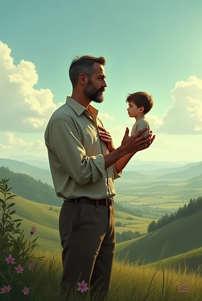  A grown man, seeing his image of a boy, with one hand touching the 's heart and with the other pointing to the horizon, with landscape in the background