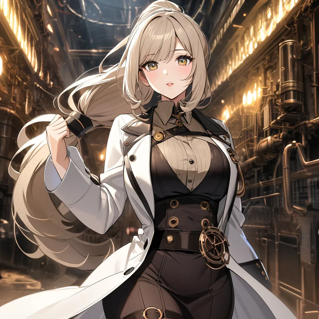 A beautiful mature woman with a milk beige hair with bangs in a ponytail, with hazel eyes, in a lab coat steampunk costume, character 