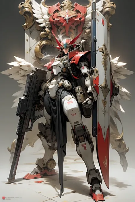 a Giant robot, colour body red and white, ready to war, The robot's left hand holds a large shield with the symbol of a fire garuda bird, its right hand holds a very sophisticated machine gun, This robot poses while taking cover behind a shield and his rig...