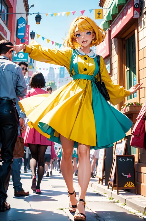 "A vibrant, joyful society filled with bright, lively colors. The main character is wearing a short, neat, and elegant dress that stands out, exuding a sense of freshness and cheerfulness. They step out of their home, radiating positivity, with a smile tha...