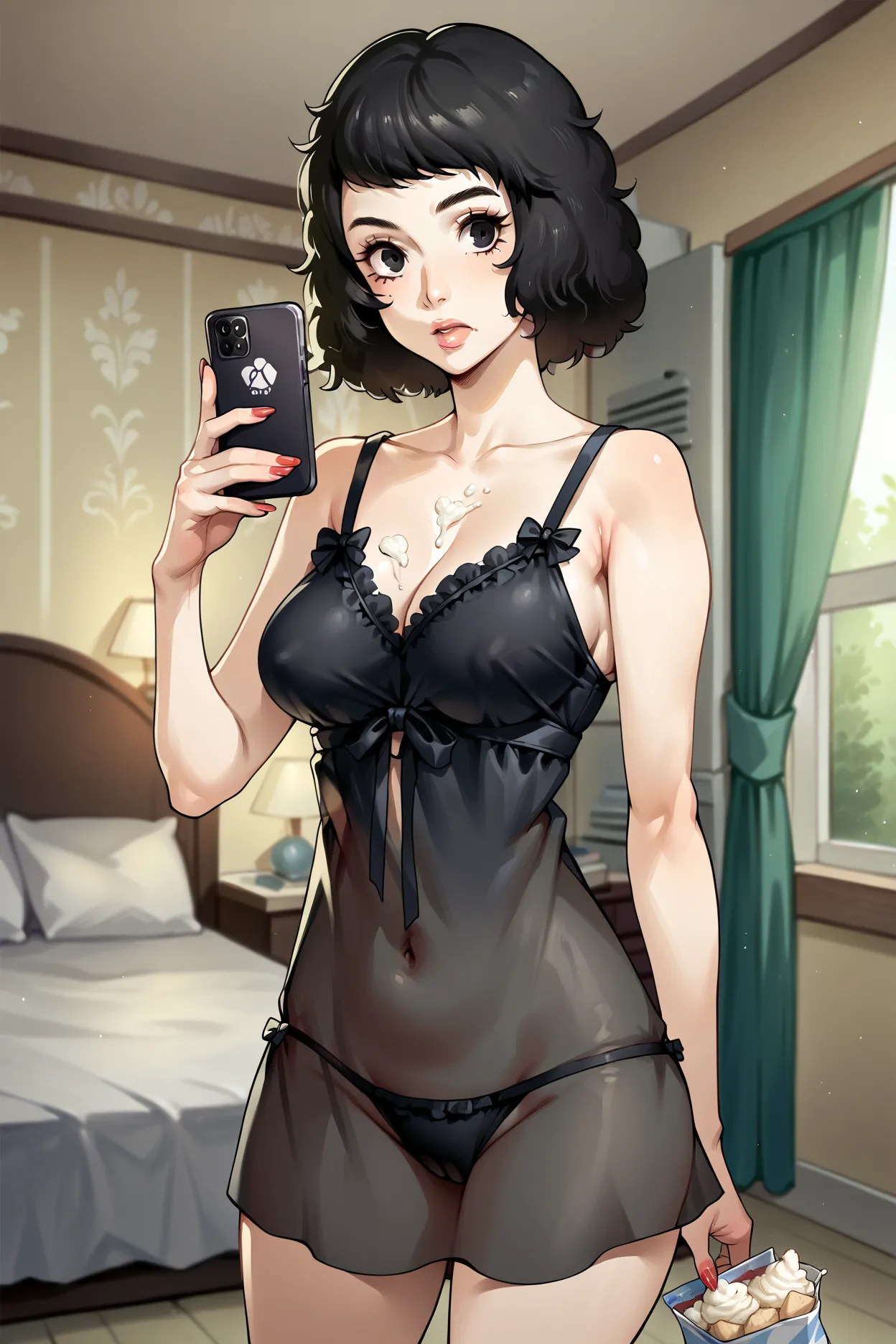 1 girl, solo, Sadayo Kawakami, black hair, black eyes, short hair, large breasts, most of body, bedroom, black nightgown, holding phone, on call, panicing