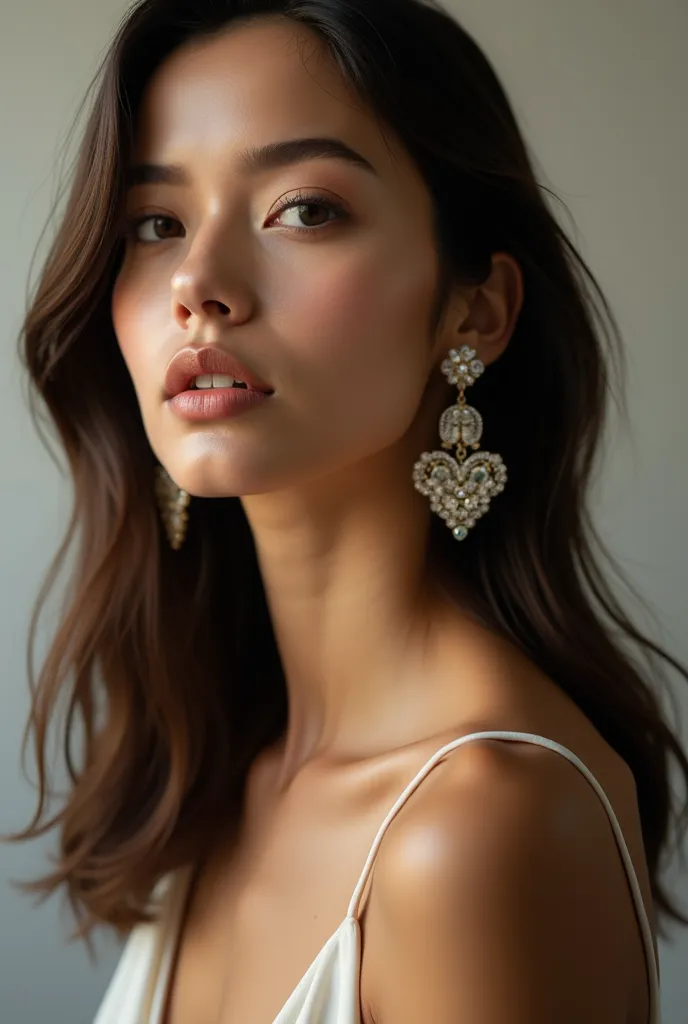 A jewelry model that shows drop earrings