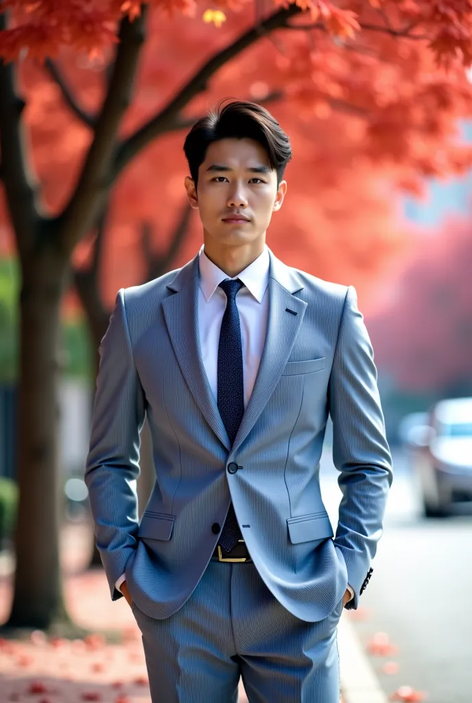 (A male in a full light blue striped suit、white shirt、tie、About 2、Japanese male with a height of 180cm)、best quality、 Masterpiece 、Ultra-high resolution will surprise you、(photorealism:1.4)、original photo、(A male in a full light blue striped suit outdoors ...