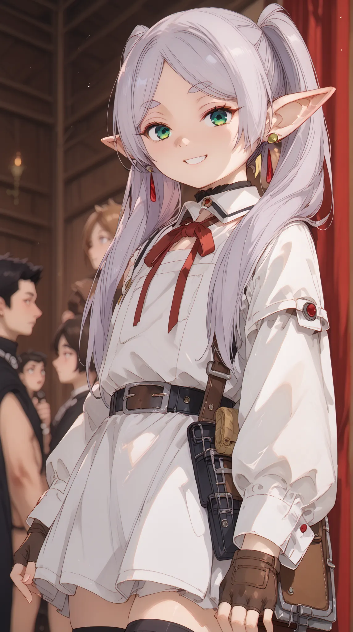 (grey hair, long hair, green eyes, twintails, parted bangs, earrings, pointy ears), white shirt, collared shirt, neck ribbon, red ribbon, harness, grey dress, black dress, detached sleeves, brown gloves, fingerless gloves, brown belt, belt pouch, black thi...