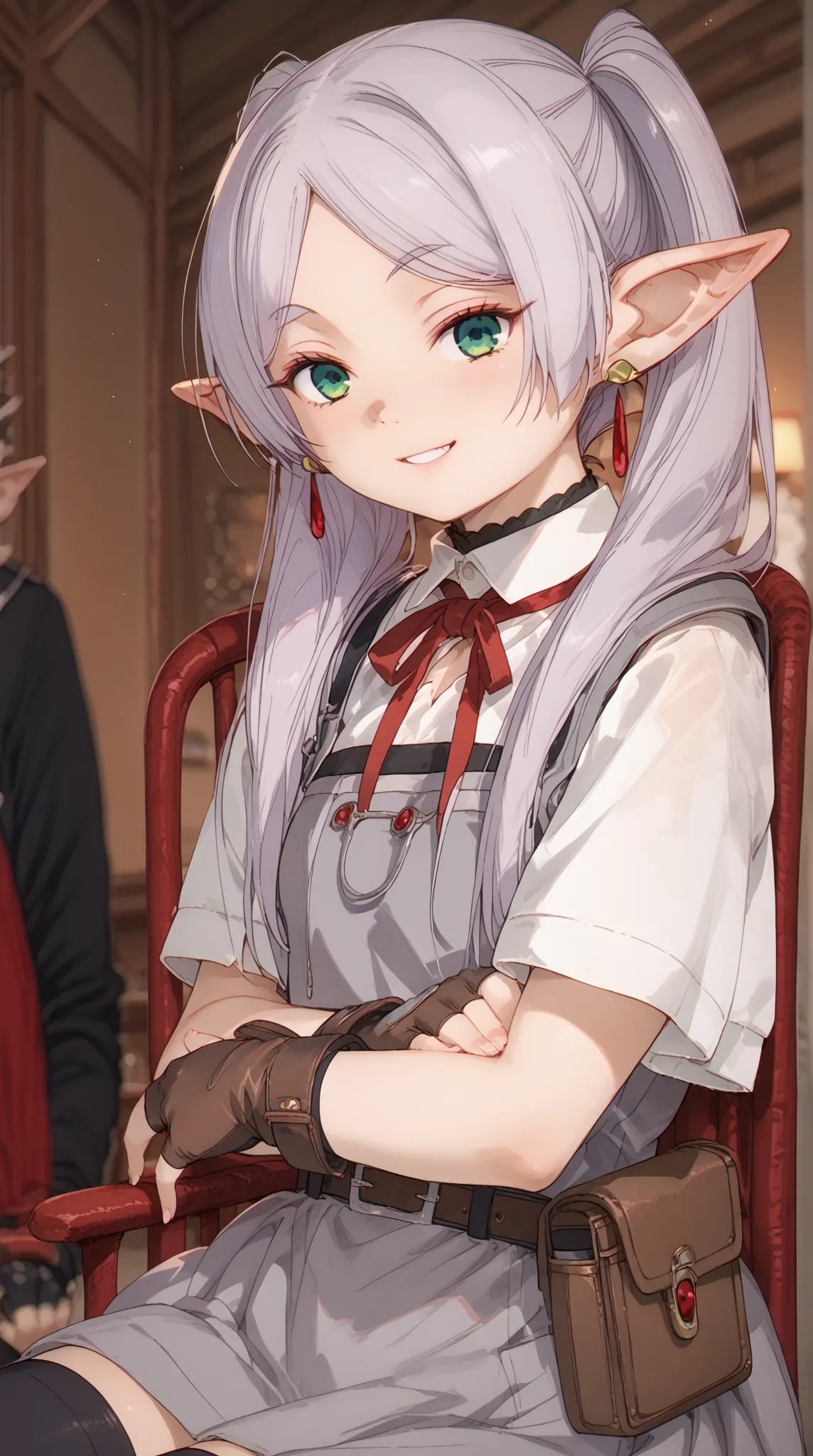 (grey hair, long hair, green eyes, twintails, parted bangs, earrings, pointy ears), white shirt, collared shirt, neck ribbon, red ribbon, harness, grey dress, black dress, detached sleeves, brown gloves, fingerless gloves, brown belt, belt pouch, black thi...