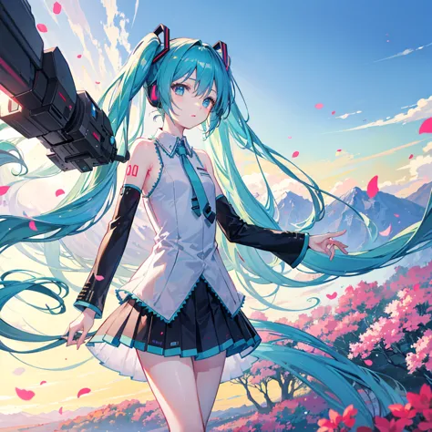 （（top quality））、（（masterpiece））、（（High Precision））、（（details））、Hatsune Miku、front、upper body、My chest is small and flat、I can see future cities very far、Spectacular scenery with depth、clear々bright, large, majestic blue sky with a great sense of perspective...