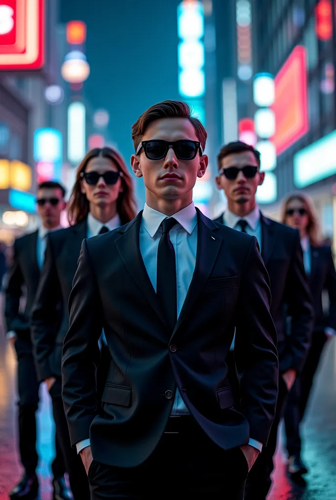 Create a striking cover inspired by the universe 'Men in Black', adapted for boys and girls. The image must present boys and girls, agents full of energy and determination in a modern and dynamic composition.. Everyone wears Wayfarer-style sunglasses, impe...