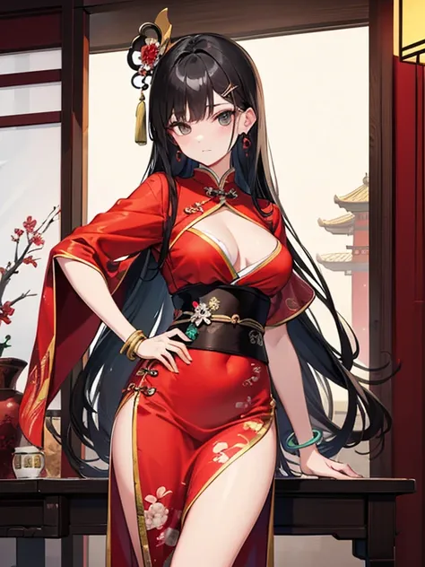 beautiful young man, long black hair, black eyes, geisha, red clothes, slender-waisted, delicate figure, hairpins, light makeup, man dressed as woman, earrings, chinese style room, jade bracelet, chinese fan, dance.