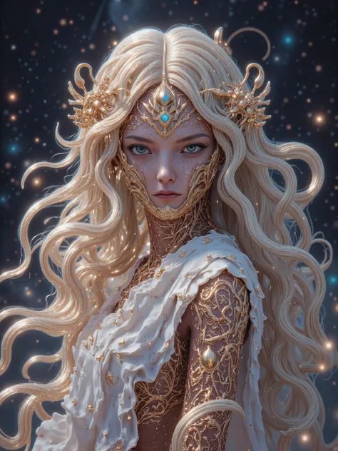 (goddess who wraps the earth with both hands) albino、 Gold、blond with a big face、Beautiful light blue eyes、 Charming Eyes、long hair up to the waist、Loosely Curled Hair、beauties、goddess、long lashes、Japanese、Mysteriously Shining Earth、arabesque pattern、Fract...