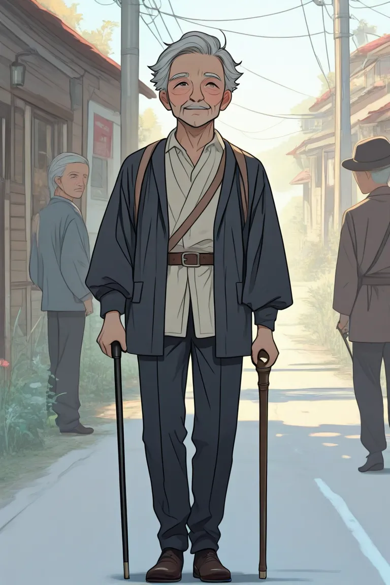 A young man on the side of the road and an old man passing behind it holding a cane