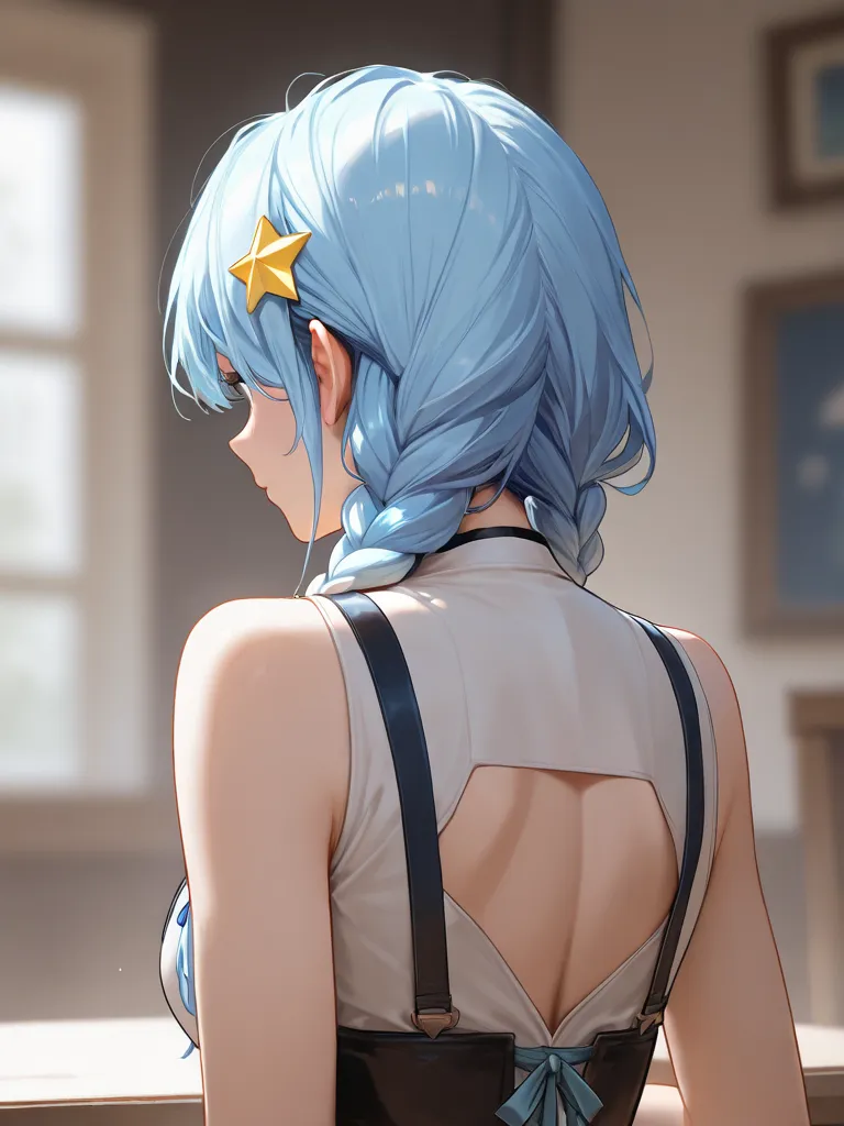 hidden hair, shortcuts, Blue Hair/light blue hair tied at the top,  quick, braids, Star Hair Accessory, blur background, 