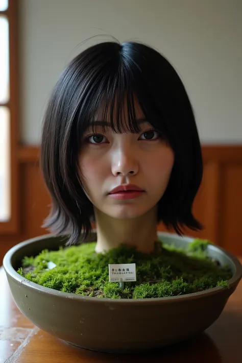 High resolution photo of the head and neck of a young Japanese woman buried in the center of the slightly mossy soil in a bonsai pot placed on a table in a traditional Japanese home. In the bonsai pot is a tag with word "bukkake use only". The size of the ...