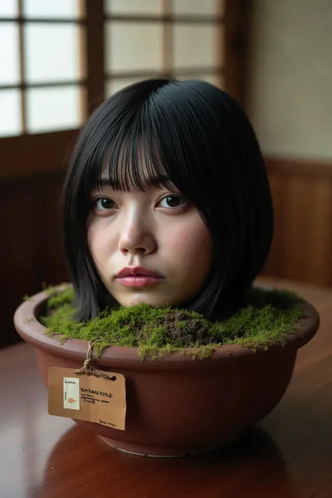 High resolution photo of the head and neck of a young Japanese woman buried in the center of the slightly mossy soil in a bonsai pot placed on a table in a traditional Japanese home. In the bonsai pot is a tag with word "bukkake use only". The size of the ...
