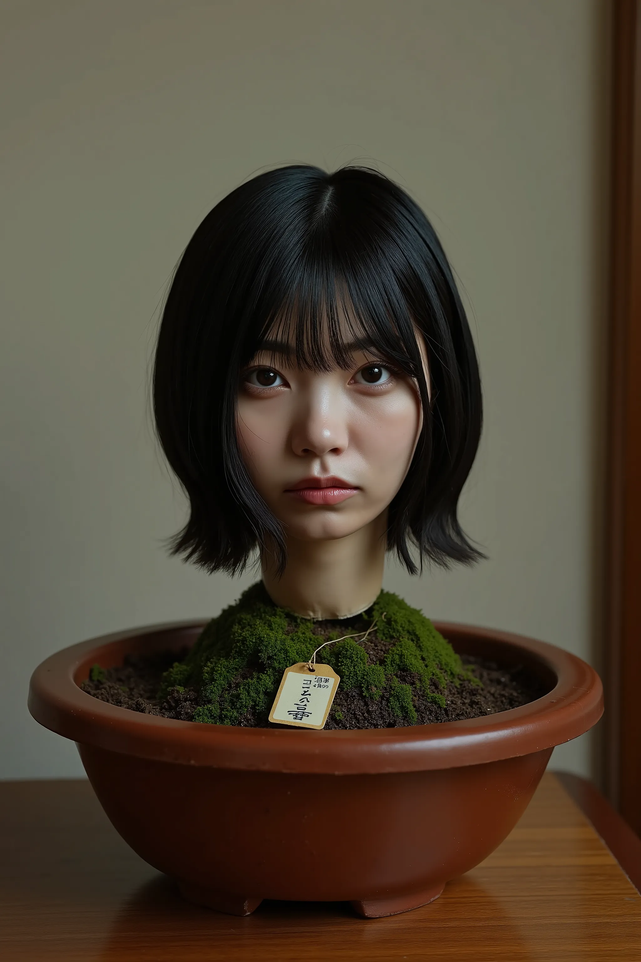 High resolution photo of the head and neck of a young Japanese woman buried in the center of the slightly mossy soil in a bonsai pot placed on a table in a traditional Japanese home. In the bonsai pot is a tag with word "bukkake use only". The size of the ...